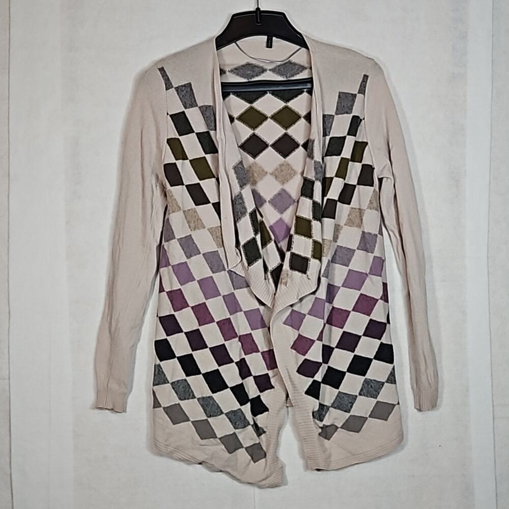 Stile Benetton Multicolor Checkered Knit Open Front Sweater Size S Wool Blend